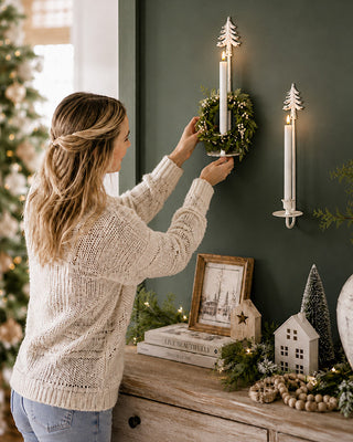 White Distressed Metal Christmas Tree Wall Sconces with LED Taper Candles, Set of 2