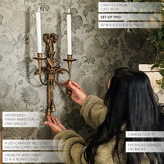 double candle sconce with LED candles, set of 2