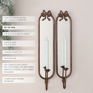 Tall Arched Bronze Mirrored Wall LED Candle Sconces with Ribbon Bow, Set of Two