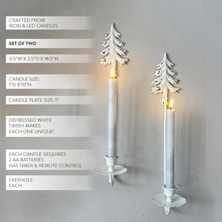 White Distressed Metal Christmas Tree Wall Sconces with LED Taper Candles, Set of 2