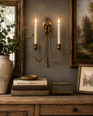Ornate Bow Gold Wall Sconce Set of 2 with LED Taper Candles and Remote Control