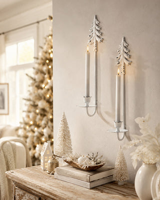 White Distressed Metal Christmas Tree Wall Sconces with LED Taper Candles, Set of 2