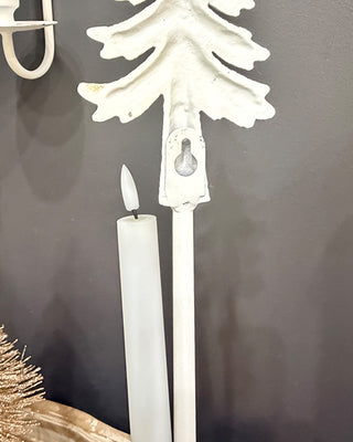 White Distressed Metal Christmas Tree Wall Sconces with LED Taper Candles, Set of 2