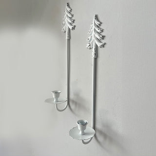 White Distressed Metal Christmas Tree Wall Sconces with LED Taper Candles, Set of 2