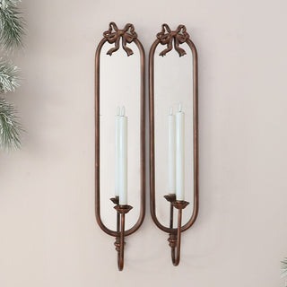 Tall Arched Bronze Mirrored Wall LED Candle Sconces with Ribbon Bow, Set of Two