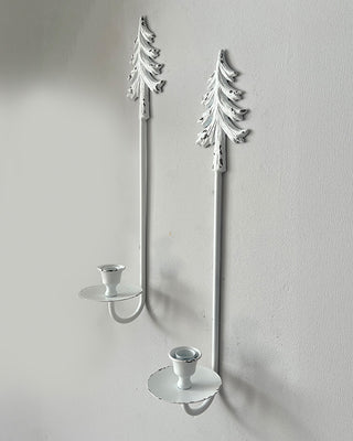 White Distressed Metal Christmas Tree Wall Sconces with LED Taper Candles, Set of 2