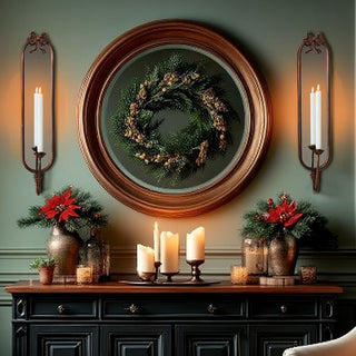 Tall Arched Bronze Mirrored Wall LED Candle Sconces with Ribbon Bow, Set of Two