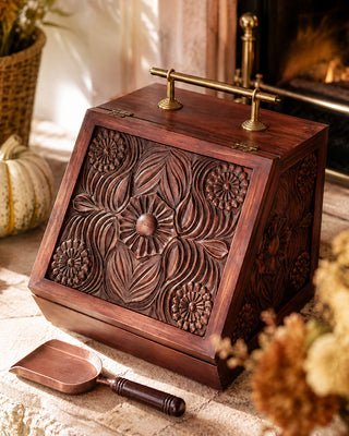 Rustic Fireplace Scuttle Box with Metal Liner and Trowel