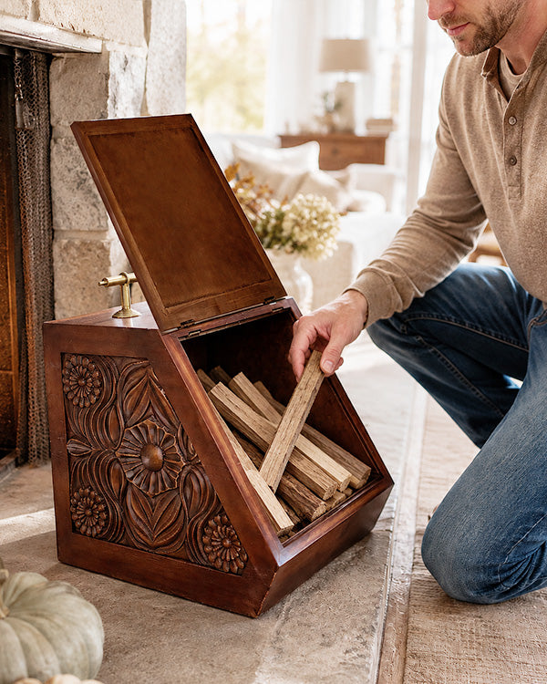 Rustic Fireplace Scuttle Box with Metal Liner and Trowel