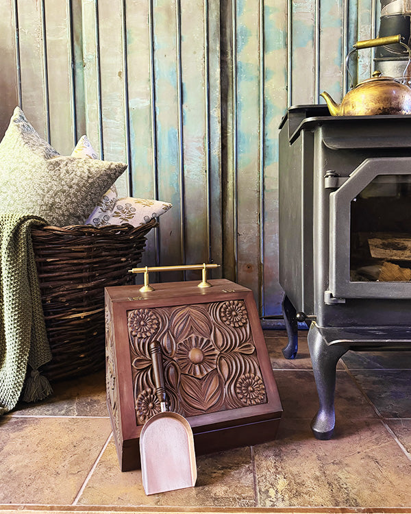 Rustic Fireplace Scuttle Box with Metal Liner and Trowel