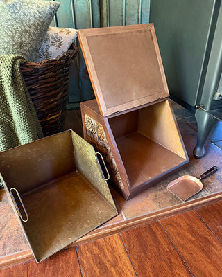 Rustic Fireplace Scuttle Box with Metal Liner and Trowel