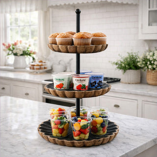 3 tier wood serving stand, black scalloped tiered tray