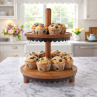 Rustic wood and metal 2-tier serving stand with scalloped edges farmhouse kitchen
