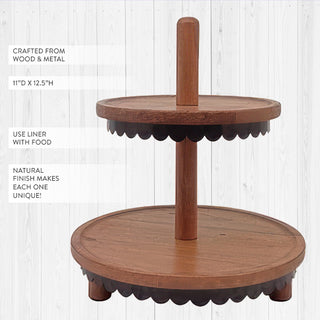 Two tier wood server with dark metal scalloped trim natural finish