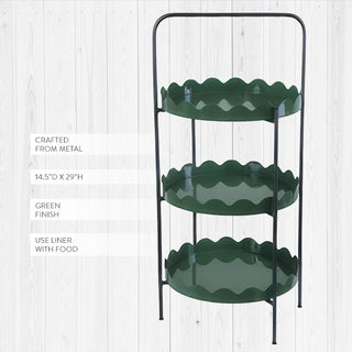 Three tier green metal serving stand with decorative scalloped edges and black arched handle 14.5 by 29 inches