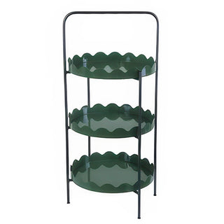 Side view of emerald green 3-tier metal display stand with black legs and carrying handle