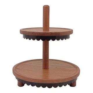 Rustic two tier dessert stand wood post handle scalloped metal detail