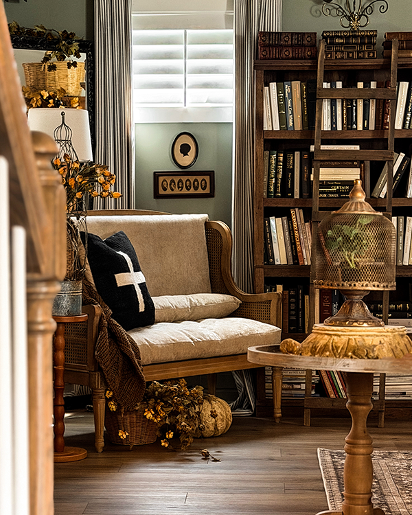French Country Pine & Rattan Cane-Back Settee