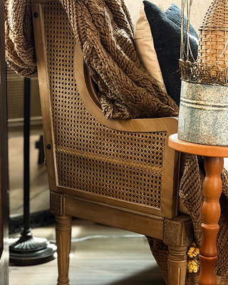 French Country Pine & Rattan Cane-Back Settee