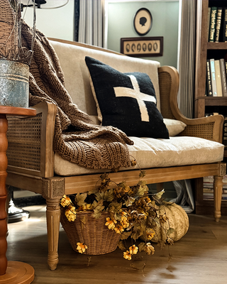 French Country Pine & Rattan Cane-Back Settee