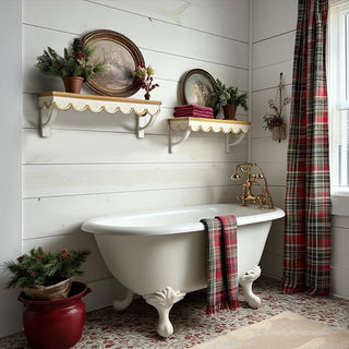 Farmhouse bathroom with scalloped wood wall shelves