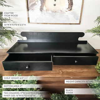 Woman holding black farmhouse riser shelf with drawers