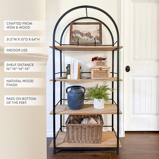 Rustic wood and metal shelving unit with dimensions