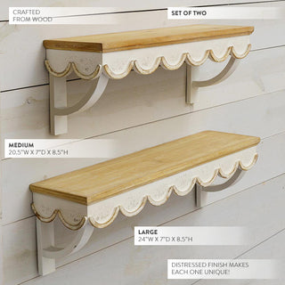 Set of two scalloped wooden wall shelves