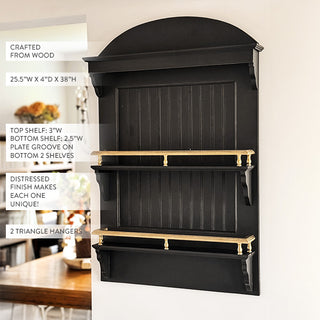 Black Farmhouse Wall Plate Display Shelf with Gold Accents | 3-Tier Beadboard Wall Shelf