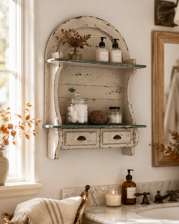 Farmhouse Arched Wall Shelf with 2 Drawers