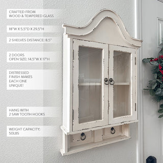 Distressed White Wall Cabinet Glass Doors Curved Bonnet Top Farmhouse Curio Display