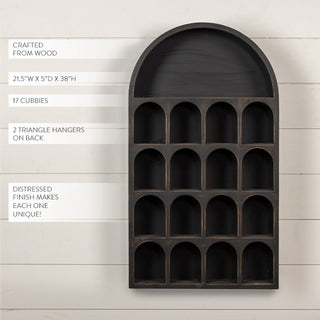 Arched Black Wood Wall Shelf with 17 Cubbies