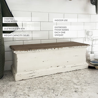Distressed wooden bread shelf with white painted finish