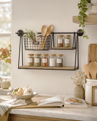 Multifunctional Industrial Floating Shelf with Basket