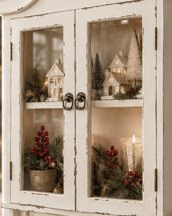 Distressed White Wall Cabinet Glass Doors Curved Bonnet Top Farmhouse Curio Display