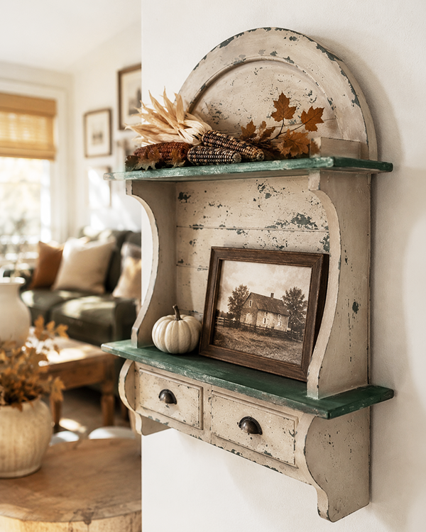Farmhouse Arched Wall Shelf with 2 Drawers