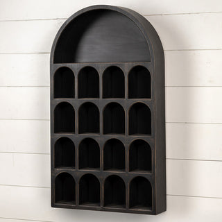 Arched Black Wood Wall Shelf with 17 Cubbies