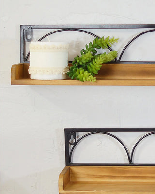 Wood and Metal Floating Shelf Set - Industrial Farmhouse Wall Shelves, Set of 2