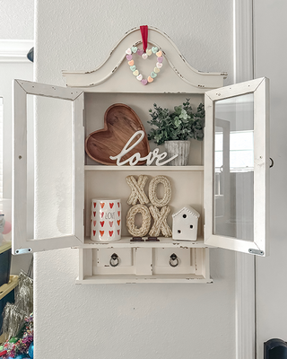Distressed White Wall Cabinet Glass Doors Curved Bonnet Top Farmhouse Curio Display