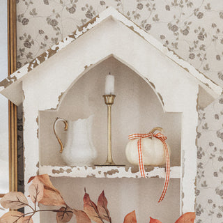 Distressed White Farmhouse House Wall Shelf with Two Tier Display
