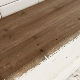 Natural wood lid detail of farmhouse shelf