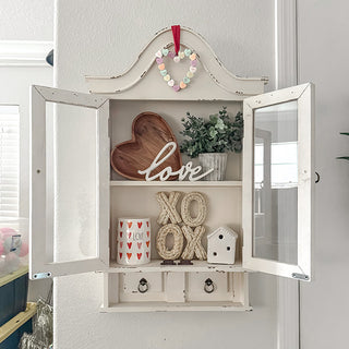 Distressed White Wall Cabinet Glass Doors Curved Bonnet Top Farmhouse Curio Display