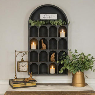 Arched Black Wood Wall Shelf with 17 Cubbies