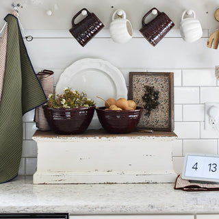 Rustic farmhouse shelf styled on countertop