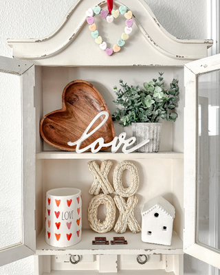 Distressed White Wall Cabinet Glass Doors Curved Bonnet Top Farmhouse Curio Display
