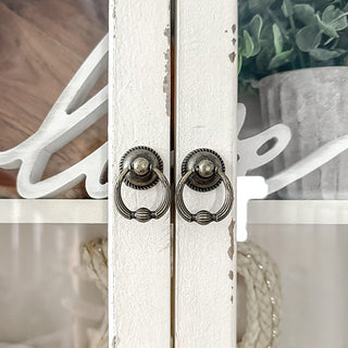 Distressed White Wall Cabinet Glass Doors Curved Bonnet Top Farmhouse Curio Display