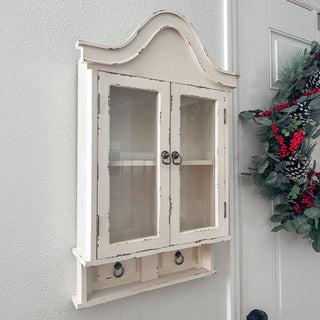 Distressed White Wall Cabinet Glass Doors Curved Bonnet Top Farmhouse Curio Display