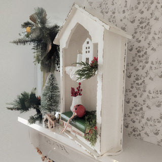 Distressed White Farmhouse House Wall Shelf with Two Tier Display