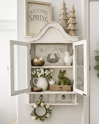 Distressed White Wall Cabinet Glass Doors Curved Bonnet Top Farmhouse Curio Display