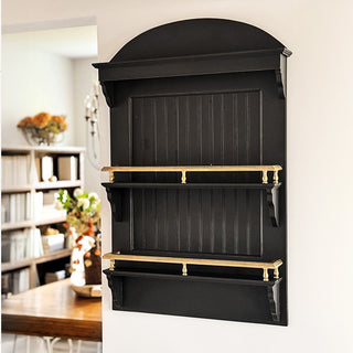 Black Farmhouse Wall Plate Display Shelf with Gold Accents | 3-Tier Beadboard Wall Shelf